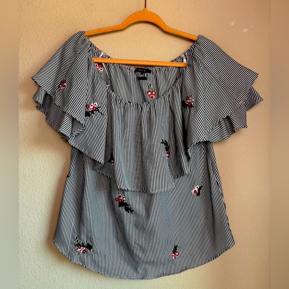 Miss Me Black and White Striped Floral Embroidered Off The Shoulder Blouse L - Picture 1 of 8